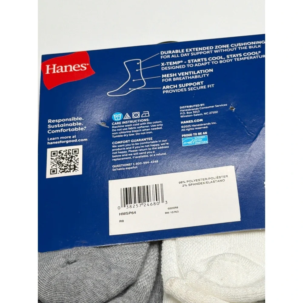 Hanes Mens 6‎ Pack Crew Socks X Temp Wicks Cools Arch Support Shoe Size 6-12